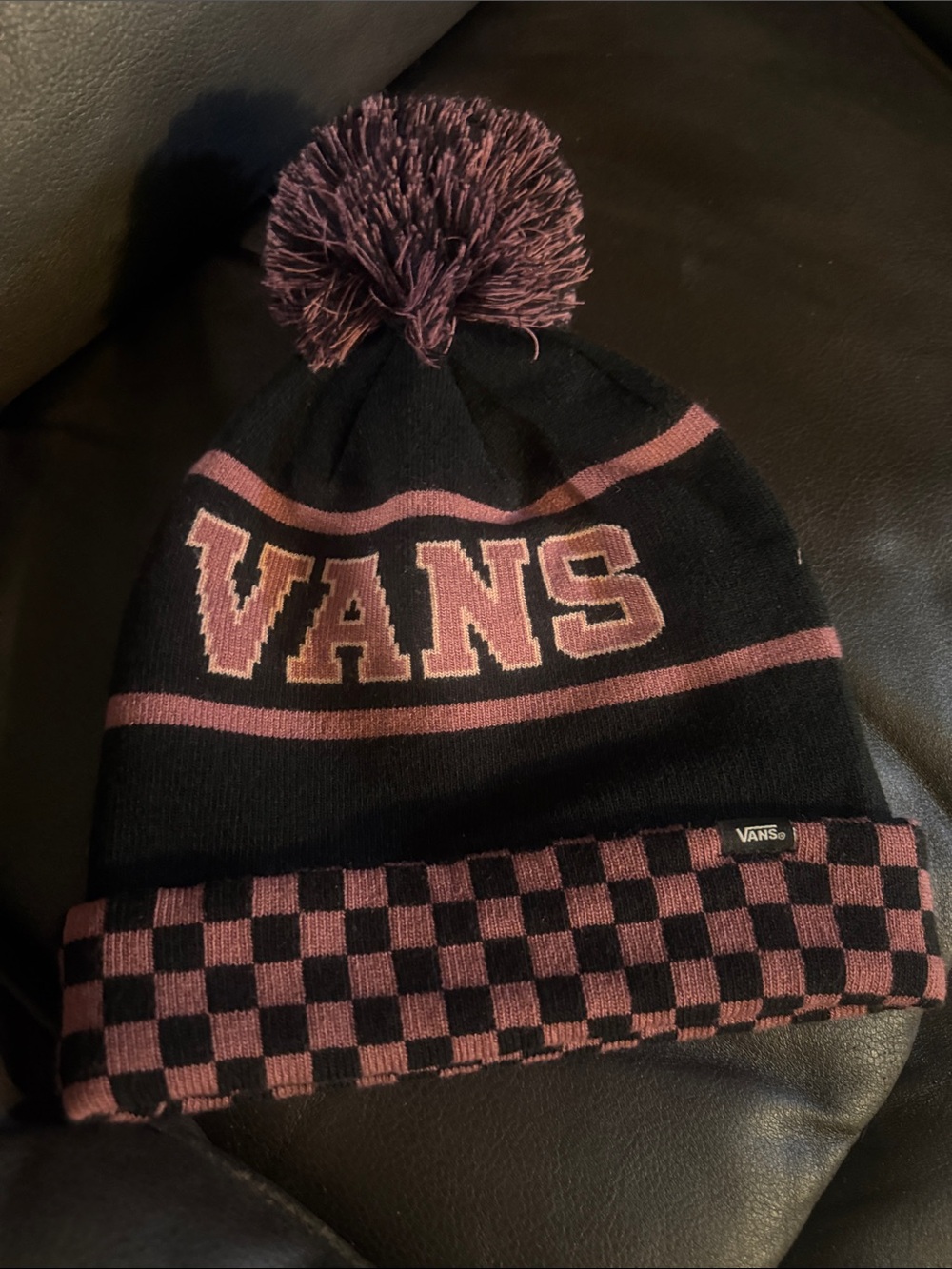 Vans Black and Mauve Pom Beanie with Checker Cuff